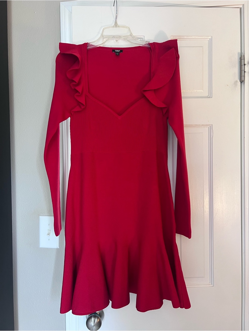 Express Red Ruffle-Shoulder Long Sleeve Dress